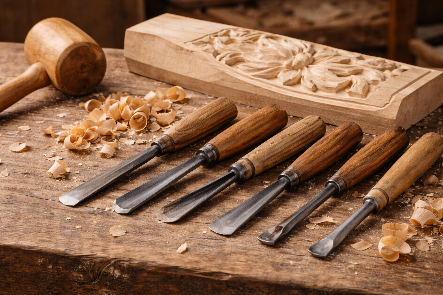 pieza de madera tallada con gubias y maza